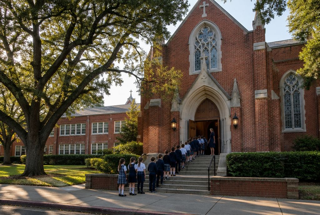Uniformed students on the steps of a red-brick Gothic church with a parish school wing in Dallas